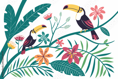 Two toucans perched on a branch with tropical flowers and leaves