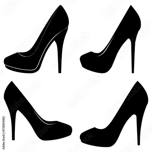 Four black high heel shoes arranged in a square pattern against a white background in a simple style