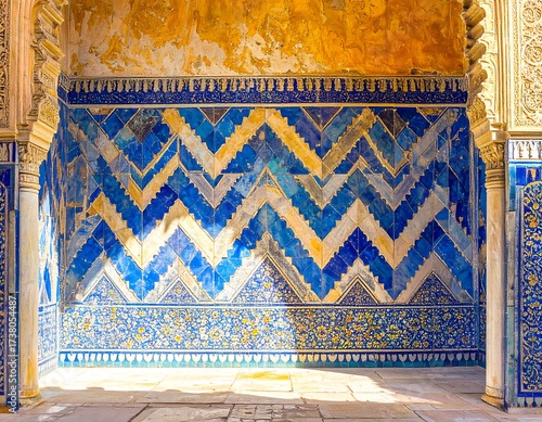 Ornate blue and gold tile wall