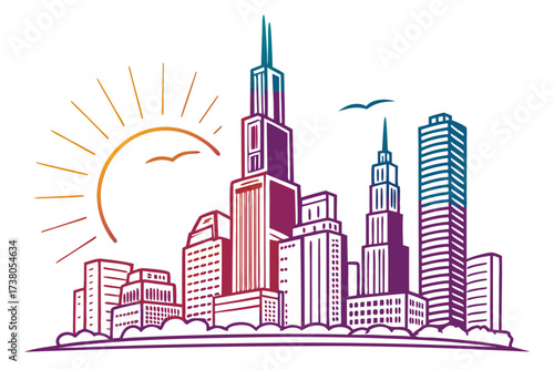 Vibrant city skyline with sun and birds skyscrapers 1