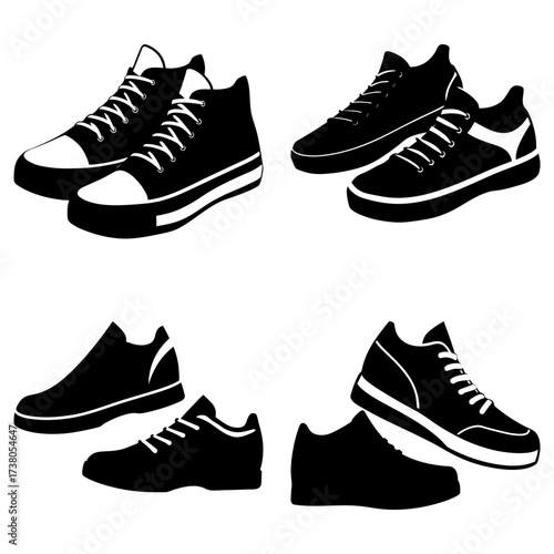 Silhouette illustration showcasing four pairs of different style sneakers in black and white colors