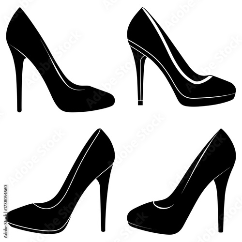 Illustration of four black high heel shoes in different styles and orientations on a white background