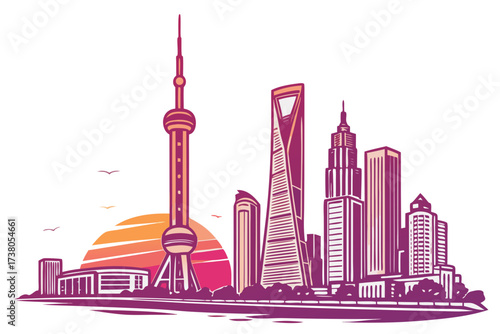 Vibrant city skyline with sunset and birds skyscrapers