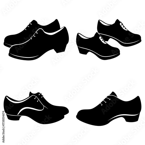 Illustration showing four pairs of elegant black shoes with laces and a small heel on a white background