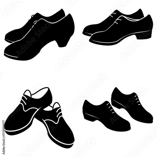 Collection of four pairs of black shoes in different styles arranged on a white background image