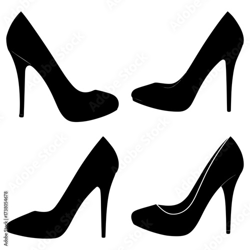 Four elegant black high heel shoes arranged in a square formation against a white background image view