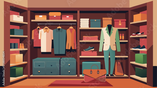 A lavish walkin closet with custom builtin storage for designer clothing and accessories.