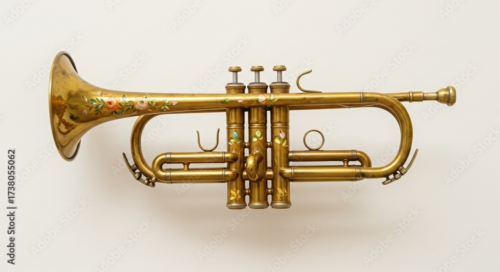 Obraz premium Antique Brass Trumpet with Floral Decoration, Isolated on White Background.