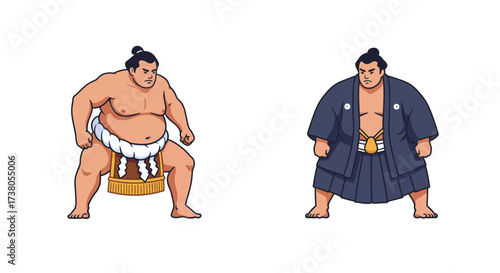 Two Cartoon Sumo Wrestlers in Traditional Attire.