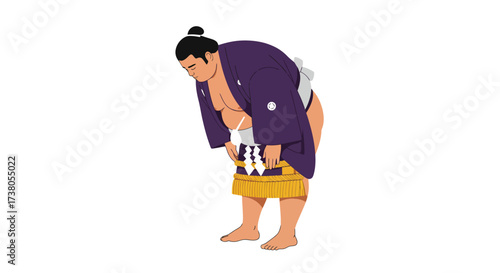 Sumo Wrestler Bowing in Traditional Purple Kimono and Mawashi.