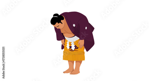 Sumo Wrestler Bowing in Traditional Mawashi and Kimono.