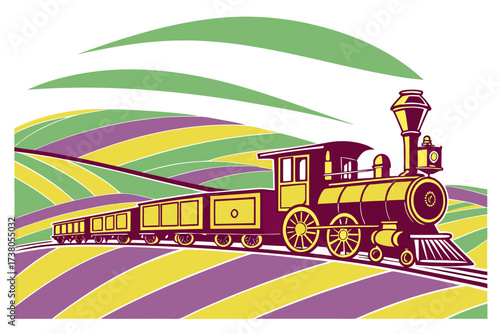 Vintage steam train in colorful rolling fields steam engine