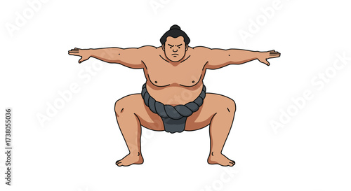 Cartoon Sumo Wrestler in Mawashi Stance with Topknot Hairstyle.