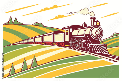 Vintage steam train travels through colorful rolling hills