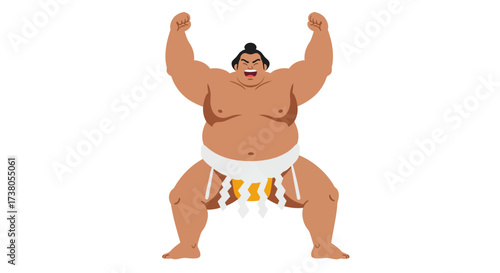 Vector Illustration of a Sumo Wrestler with Arms Raised in Victory.