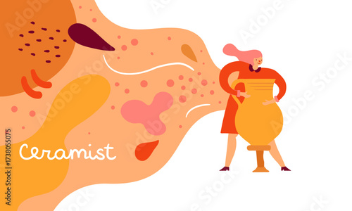 Woman ceramist is standing near clay vase, with abstract composition on background. Female potter character creates a pot. Banner with simple organic composition and optimistic mood.