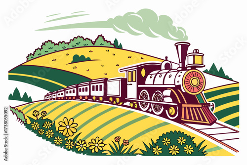 Vintage train in a colorful rolling countryside landscape