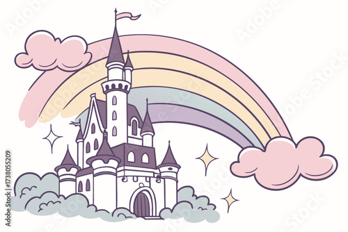 Whimsical castle with pastel rainbow and clouds fantasy 1