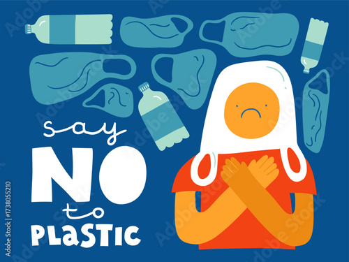 Say no to plastic quote. Eco lifestyle Man with a plastic bag on his head, sad smile. Hand drawn text and elements in flat style set.