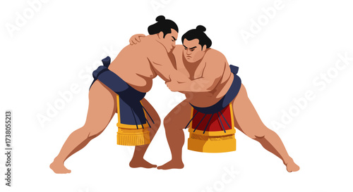Two Sumo Wrestlers Engaging in a Bout Ready to Compete.
