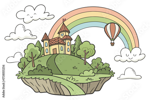 Whimsical floating island with castle and rainbow fantasy