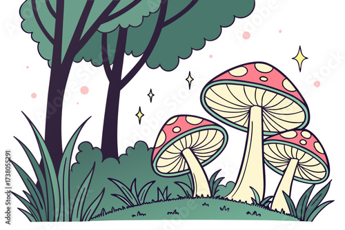Whimsical forest scene with glowing mushrooms and trees