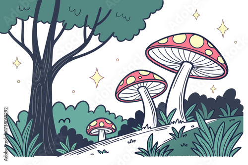 Whimsical forest scene with glowing mushrooms and starry sky