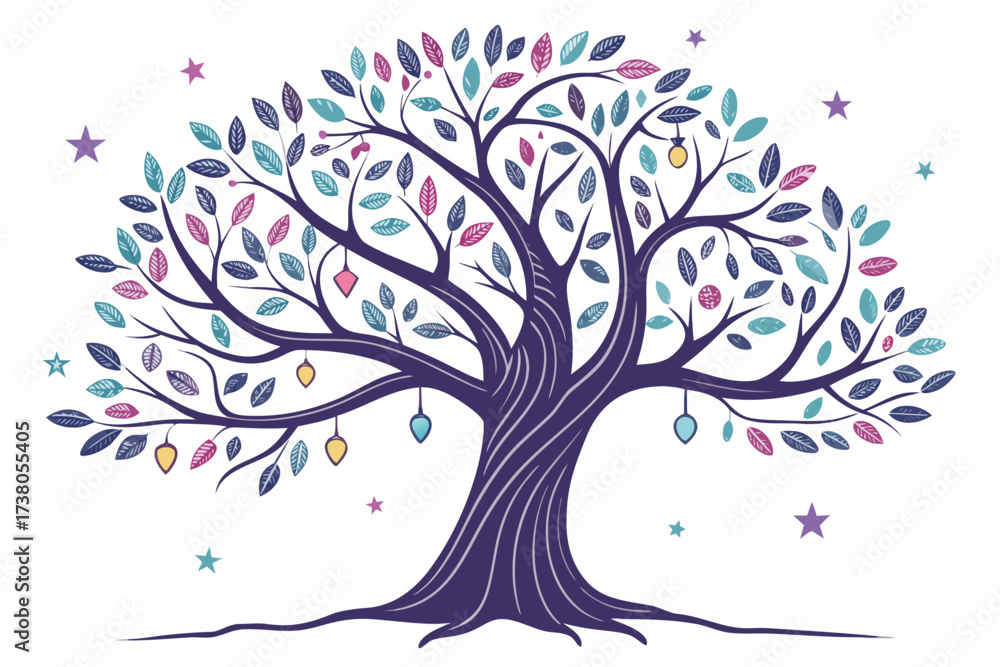 Fototapeta premium Whimsical tree with colorful leaves and hanging lanterns