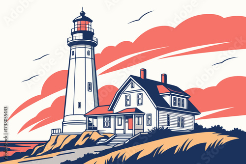 White lighthouse and house on cliff at sunset building