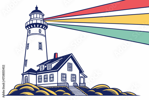 White lighthouse with colorful beams and adjacent house