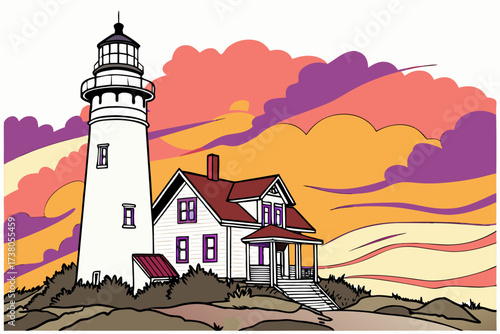 White lighthouse and house with colorful sunset sky