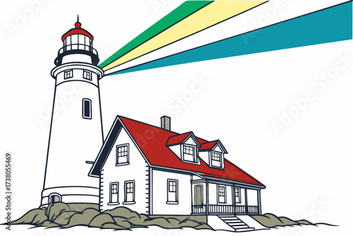 White lighthouse with red roof and colorful beams beacon