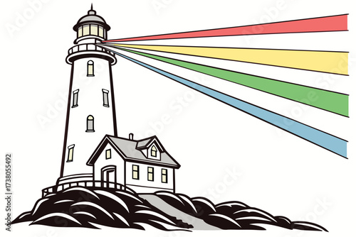 White lighthouse with colorful beams on a rocky shore