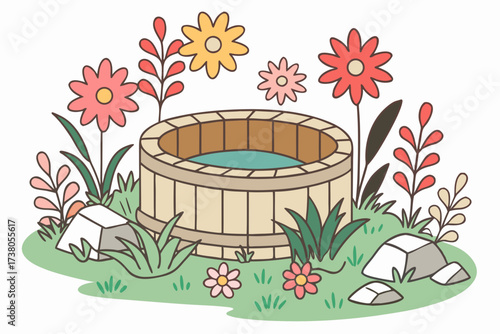 Wooden hot spring surrounded by colorful flowers and rocks