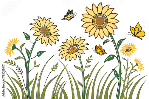 Yellow sunflowers and butterflies on a white background