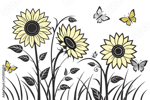 Yellow sunflowers and butterflies on white background