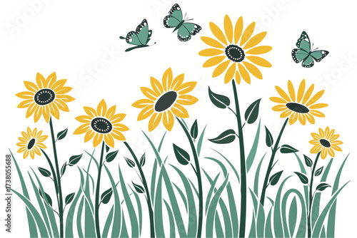 Yellow sunflowers and green grass with butterflies
