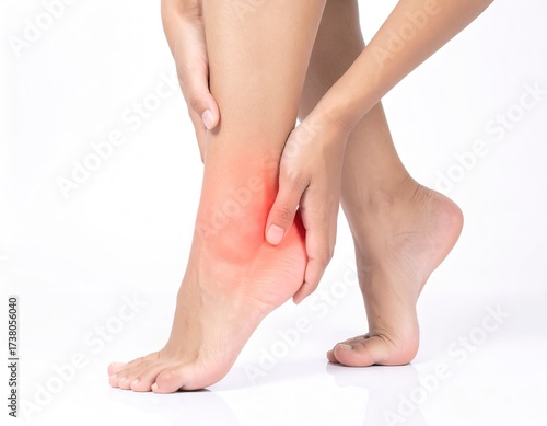 Inflamed heel area, isolated foot on white backdrop.