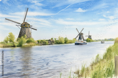 Watercolor scene of windmills along the canal in Kinderdijk, Netherlands, with boats sailing under a clear blue sky and lush greenery.