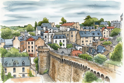 Watercolor view of Dinan, France, showing historic stone walls, medieval houses with slate roofs, and lush greenery under a cloudy sky.
