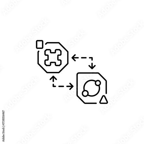 Digital data flow showcases connected geometric shapes in minimalist outline. This data flow visually represents interconnectedness, streamlining process, and logical sequence.