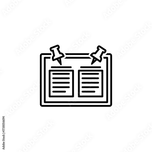 Bulletin board shows pinned notes in outline style, displaying information and tasks. Bulletin board setup with pushpins holding paper, creating communication center, showing schedule.