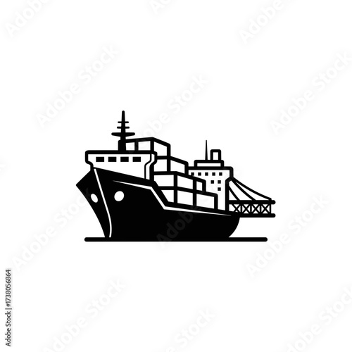 Cargo ship illustration against white, showing delivery transport. Detailed shipping vessel is used for delivering cargo on sea and ocean waters.