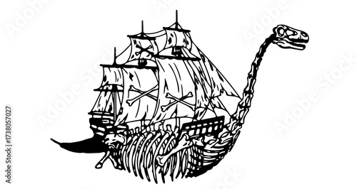 Illustration of a dinosaur skeleton ship