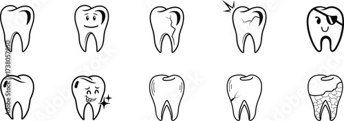 Dental icon set featuring implant, cracked tooth, cavity, oral health, and modern geometric tooth design. Perfect for dentist logo, clinic branding, and education materials. Minimal outline vector 