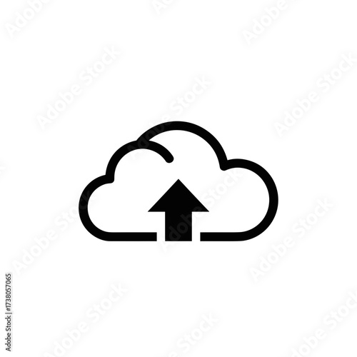 Cloud upload icon represented with upward arrow within cloudy shape on clear white background. Cloud upload symbolizes data transfer. Ideal cloud upload icon for logistics analytics, and e-commerce.