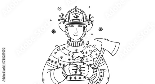 A festive firefighter in a christmas sweater, holding a mug, spreading cheer