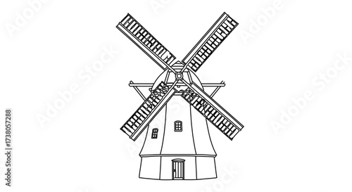 Illustration of a windmill, a traditional structure used for grinding grain and generating power