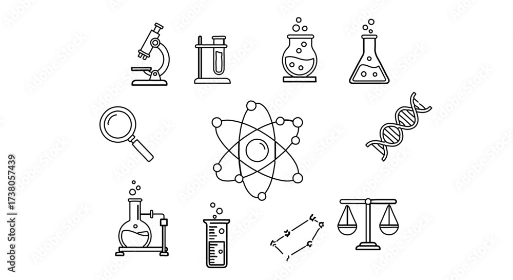 Fototapeta premium Science and laboratory equipment line art, a collection of tools for research