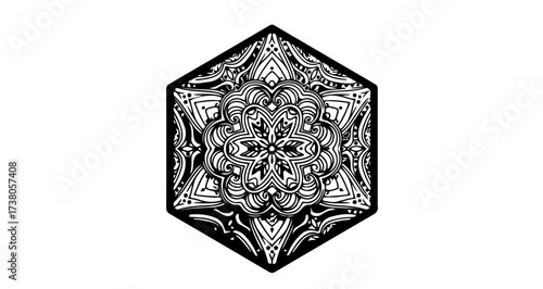 Hexagon shaped mandala, a complex and symmetrical design with intricate patterns